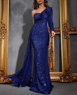 Glamorous One Shoulder Sequence Gown Blue Size 6 for rent on The Volte - image 1