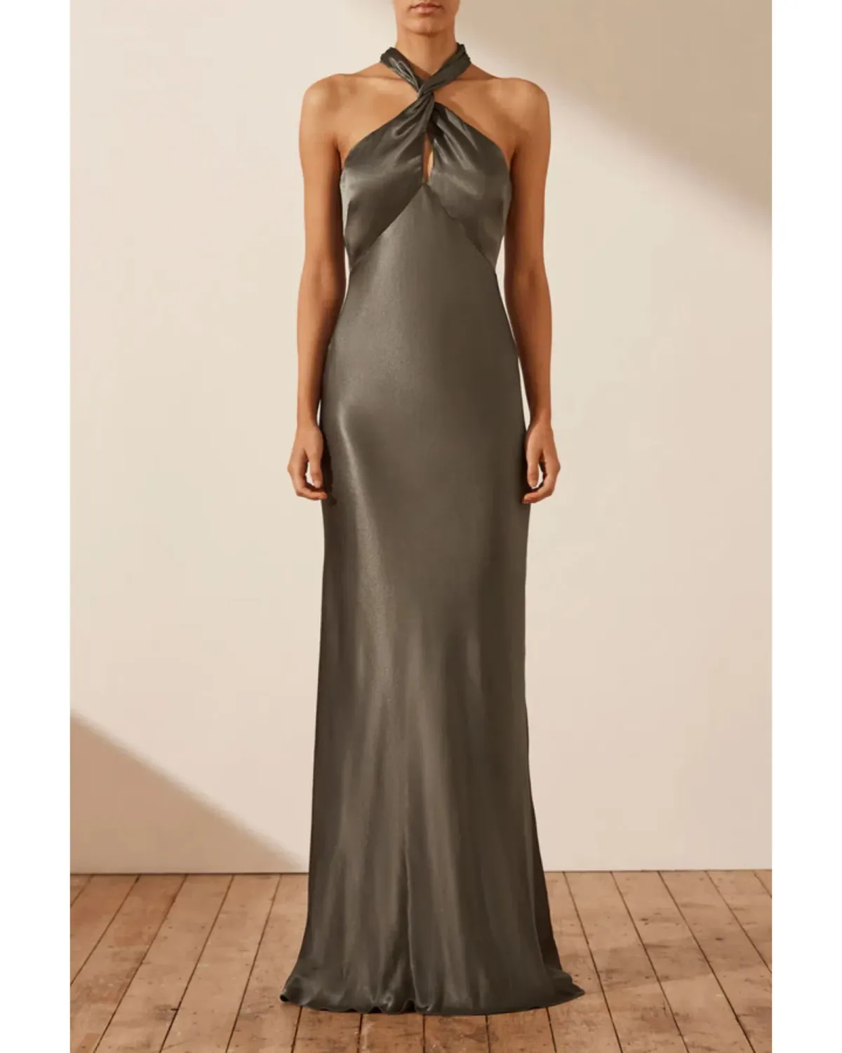 Shona Joy La Lune High Neck Twist Maxi Dress Olive Size AU 10 - Image 1