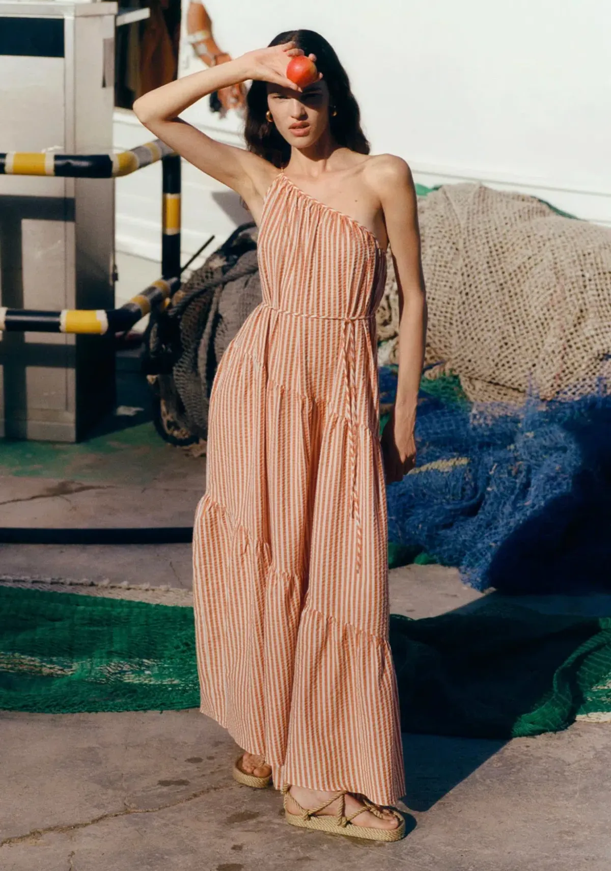 Shona Joy Hele One Shoulder Tiered Maxi Dress Coconut/Tangerine Size AU 6 - Image 1