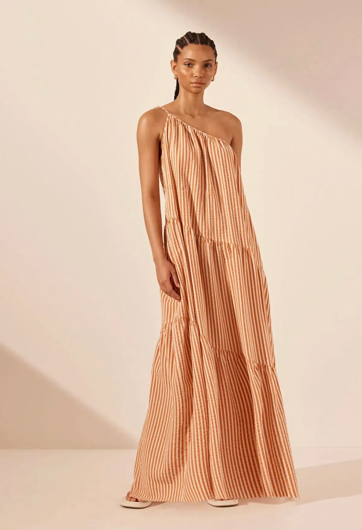 Shona Joy Hele One Shoulder Tiered Maxi Dress Coconut/Tangerine Size AU 6 - Image 2