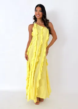 Gingham & Heels Madro One Shoulder Midi Dress Lemon Size 8 for rent on The Volte - image 1