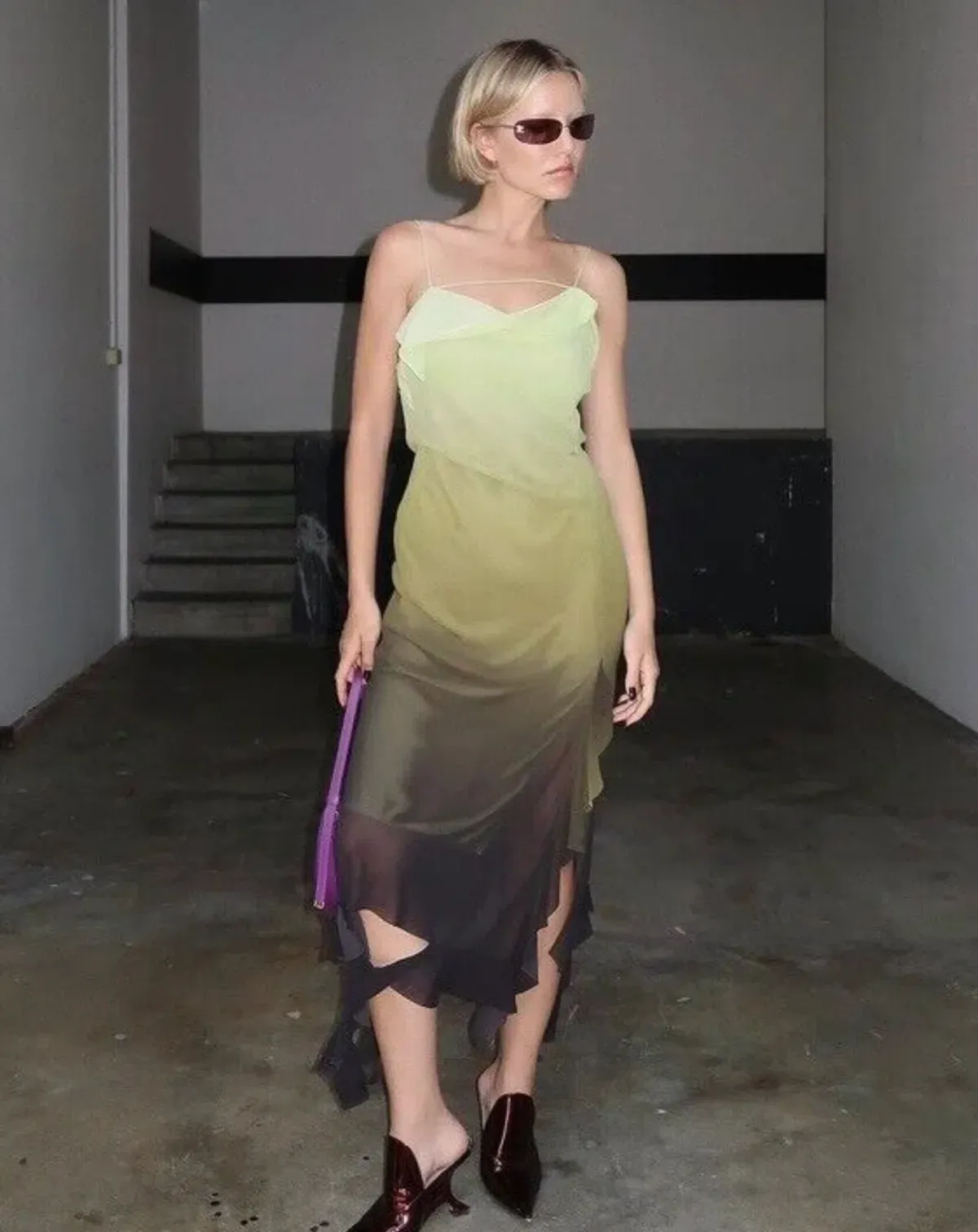 Acne Studios Asymmetric Ruffled Ombré Chiffon Midi Dress Green Size 10 - Image 3