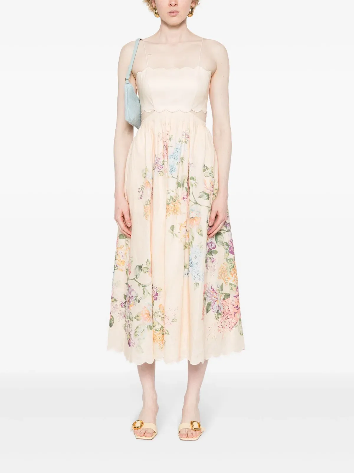 Zimmermann Halliday Scallop Midi Dress Cream Watercolour Floral Size 0 / AU 8 - Image 2