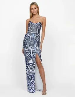 Bariano In the Sky Scoop Neck Sequin Gown Navy/White Size 10 for rent on The Volte - image 1