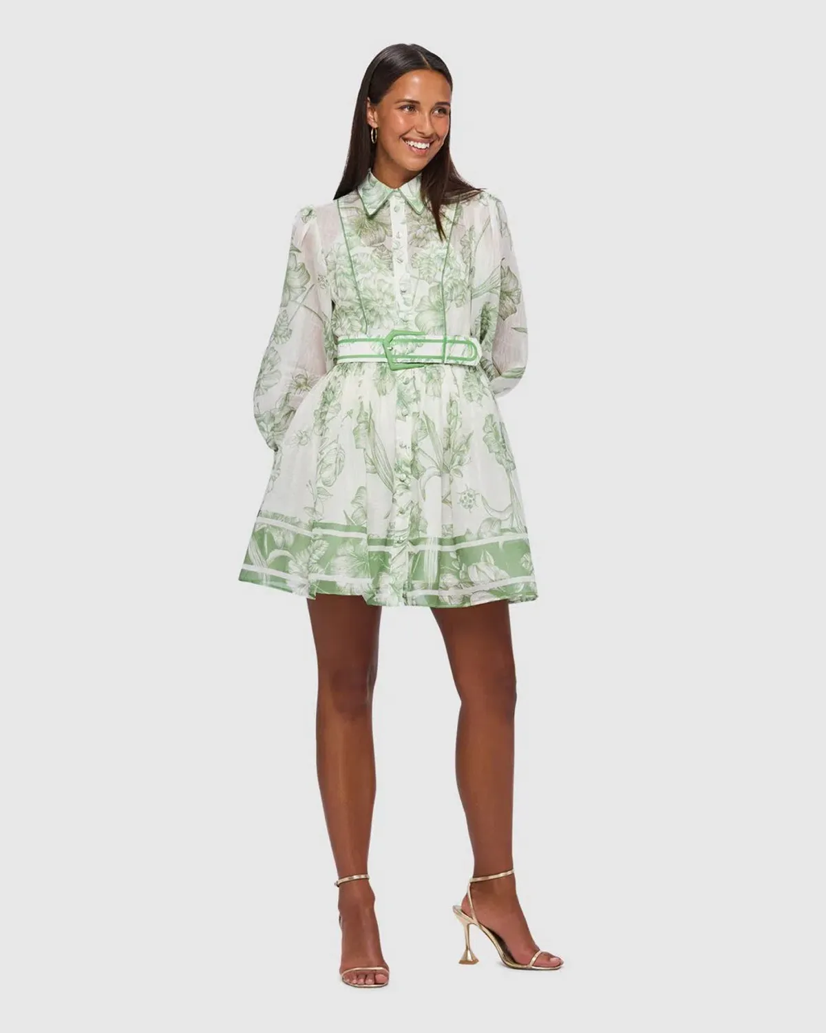 Leo Lin Cassandra Belted Mini Dress Harmony Print in Celadon Size AU 10 - Image 1