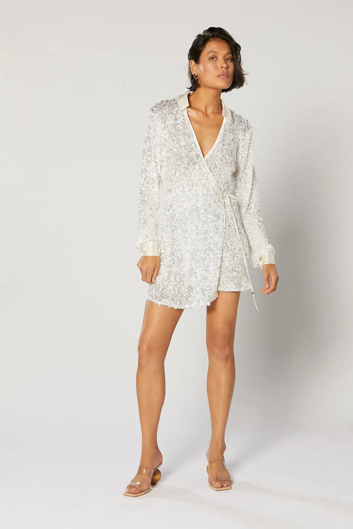 Winona Arissa Wrap Shirt Dress White Sequin Size 12 - Image 1