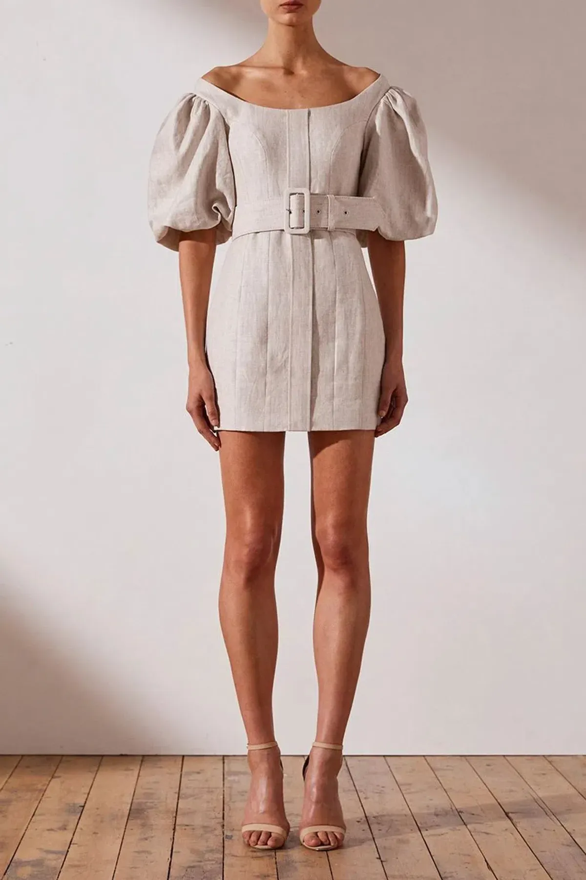 Shona Joy Hamilton Off The Shoulder Fitted Mini Dress Natural Stone Size 10 - Image 2