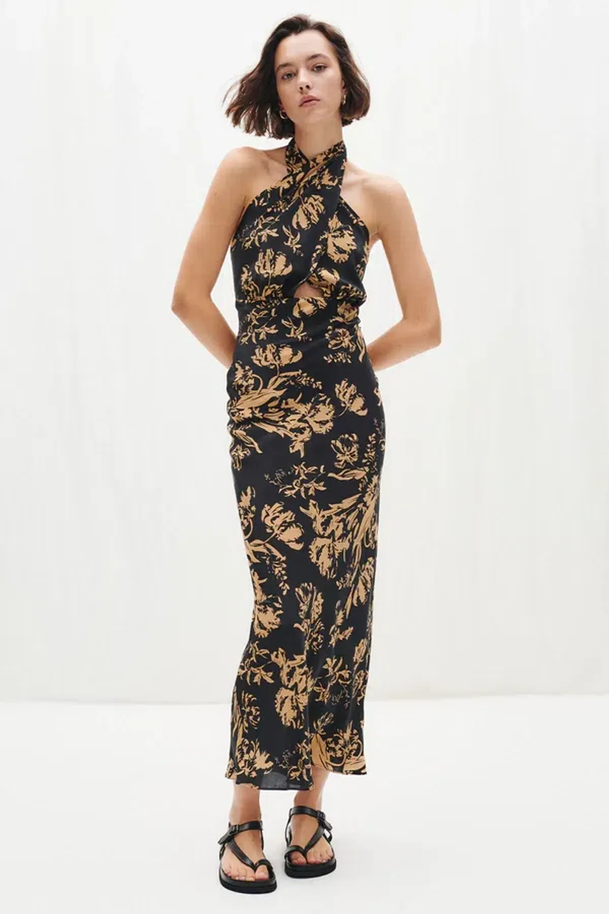 Shona Joy Dawn Silk Cross Front Halter Bias Midi Dress Floral Size 8 - Image 6