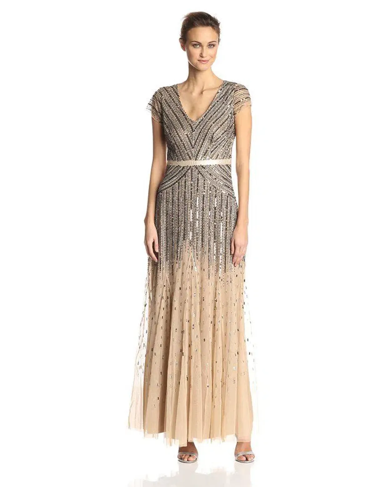 Adrianna Papell Sequinned V-Neck Cap Sleeve Gown - Gold - Size 16 - Image 2