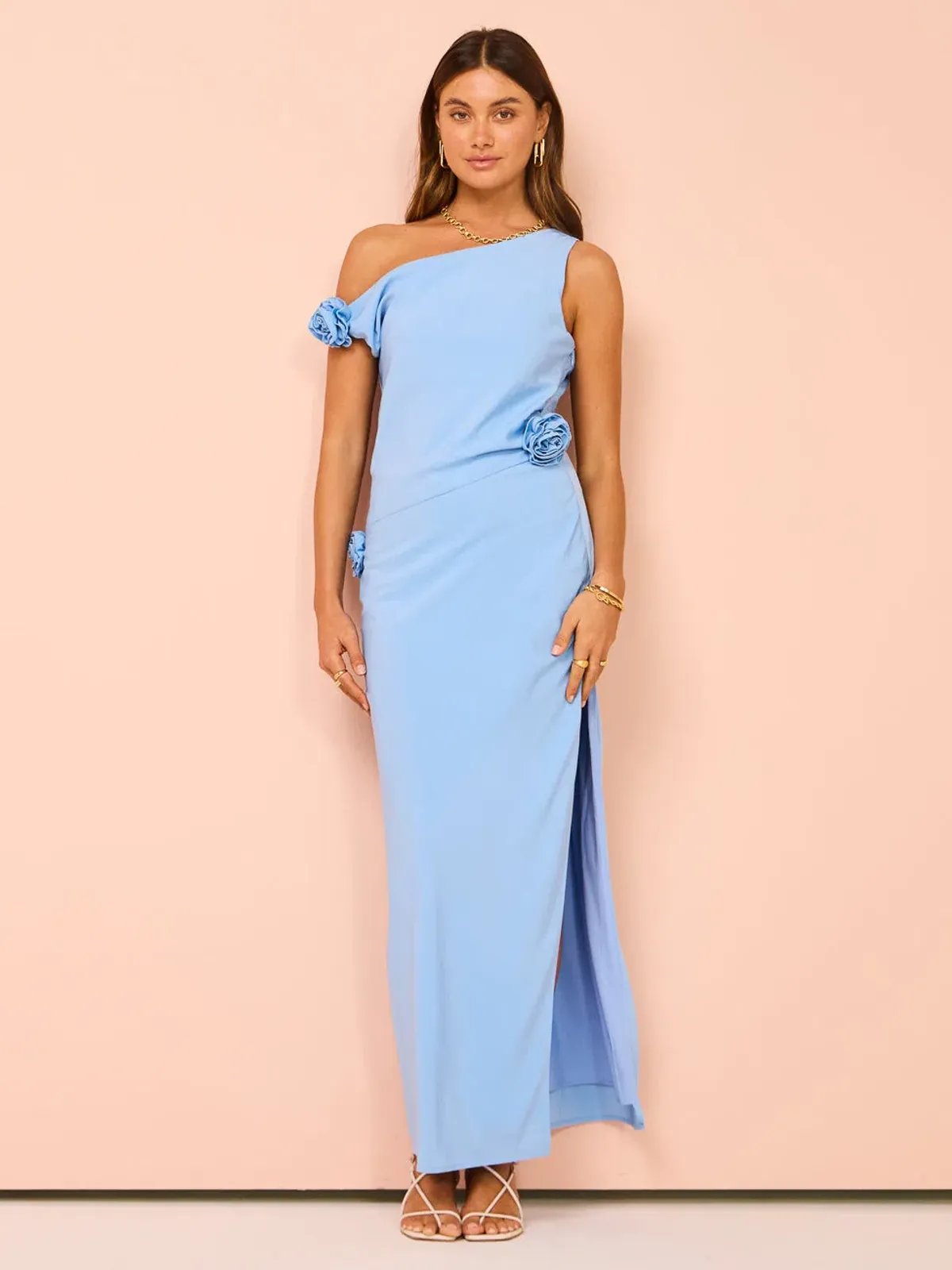 Issy Off Shoulder Flower Maxi Dress in Blue Size 10 - Image 1