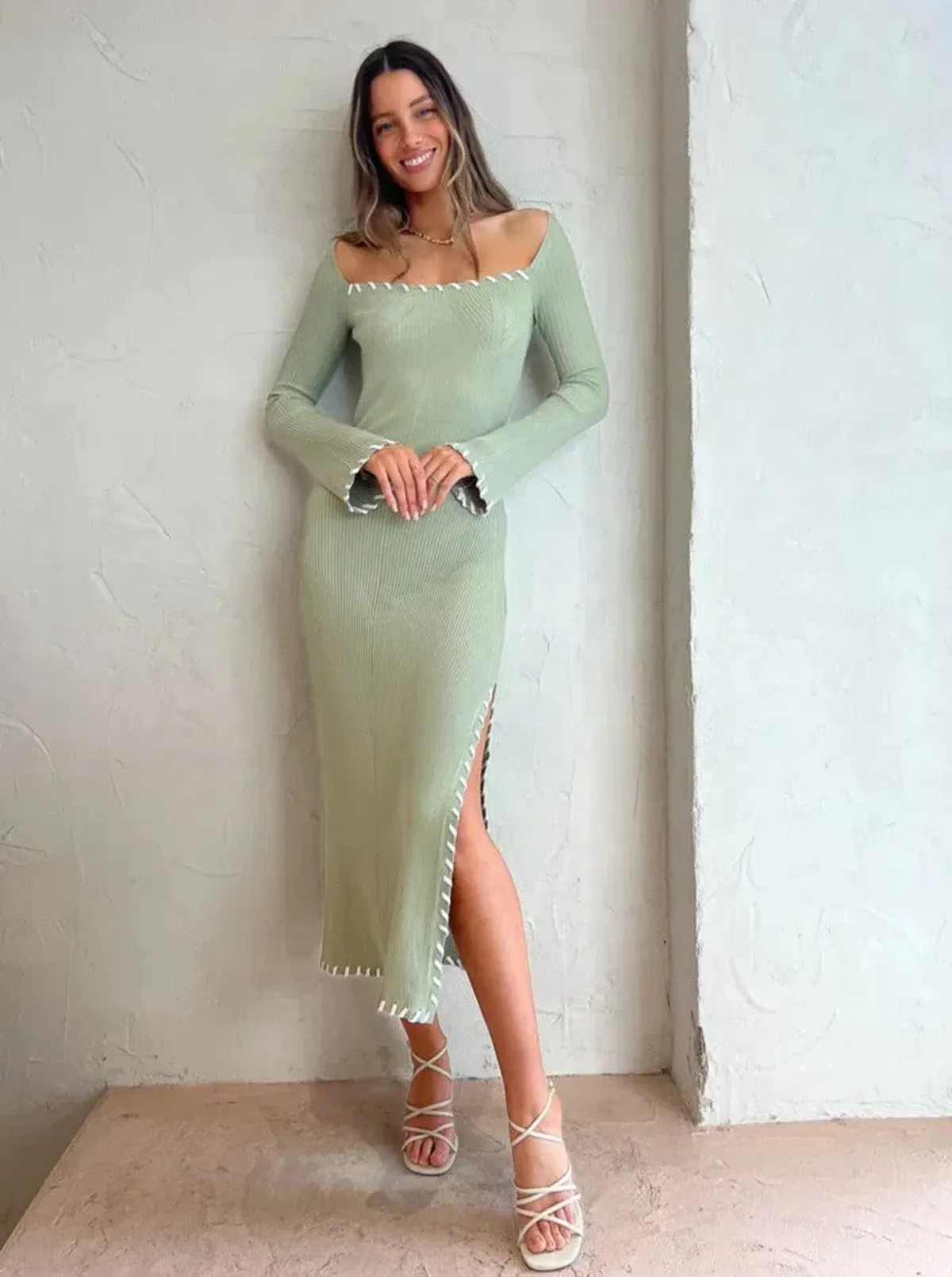 Mon Renn Trace Knit Midi Dress Sage Size 14 - Image 2