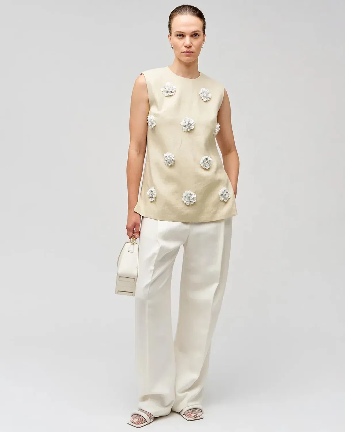 Oroton Flower Sequin Tunic Limestone Size 6 - Image 1
