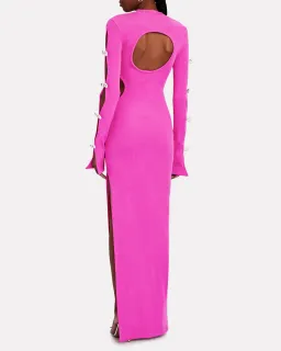 Mach & Mach Stretch Knit Cut Out Crystal Bow Sleeves Maxi Dress Pink Size 8 for rent on The Volte - image 3