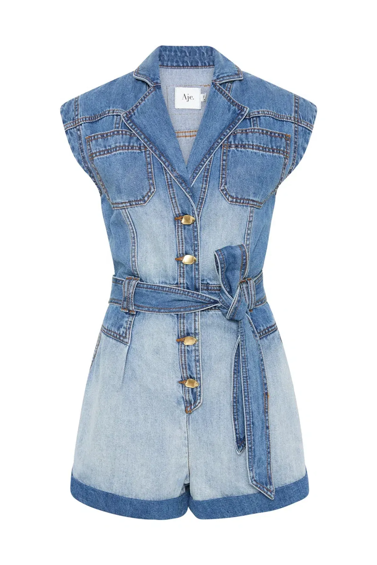 Aje Ines Panelled Denim Playsuit Twintone Indigo Size 14 - Image 3