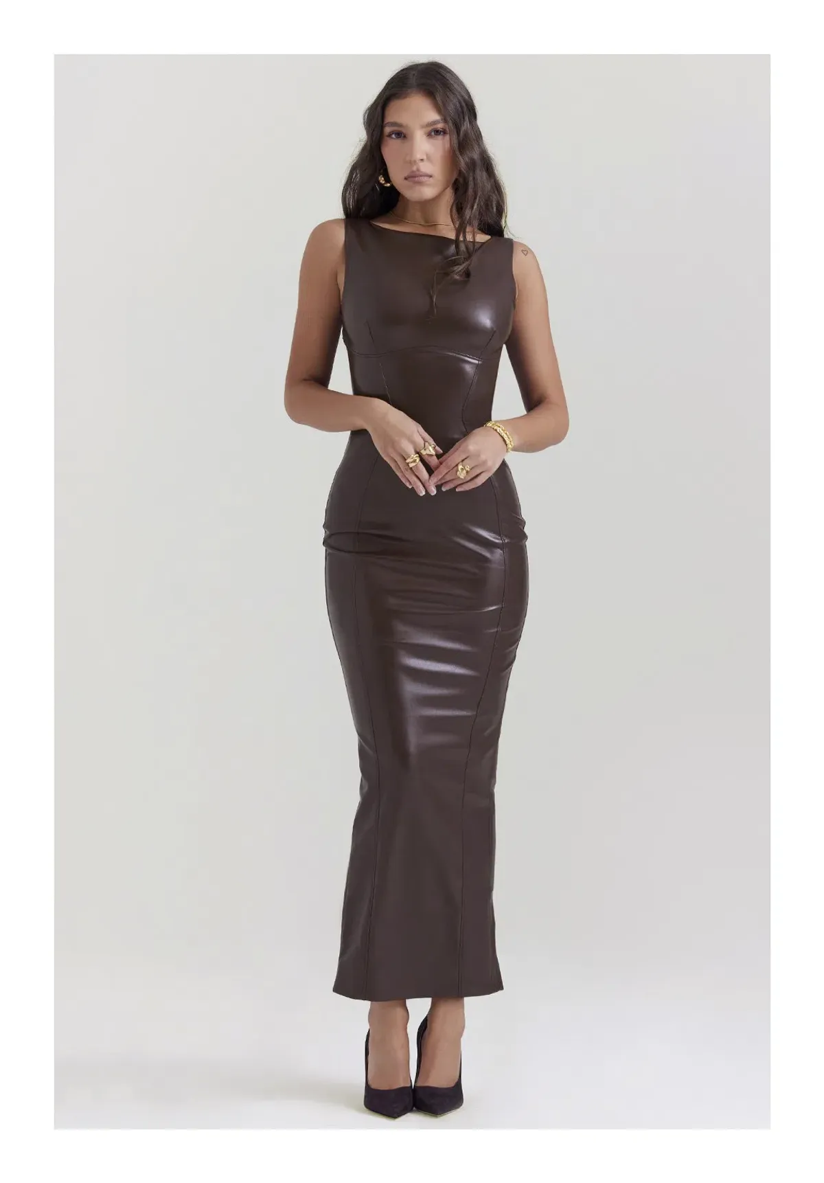 House of CB Sahara Vegan Leather Maxi Dress in Cocoa Size XS/ AU 6 - Image 1