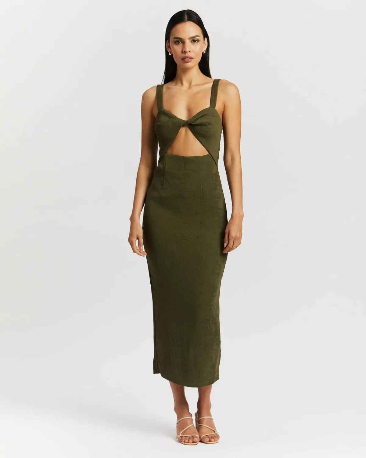 Shona Joy Simone Fitted Cut Out Midi Dress Olive Green Size 6 - Image 1
