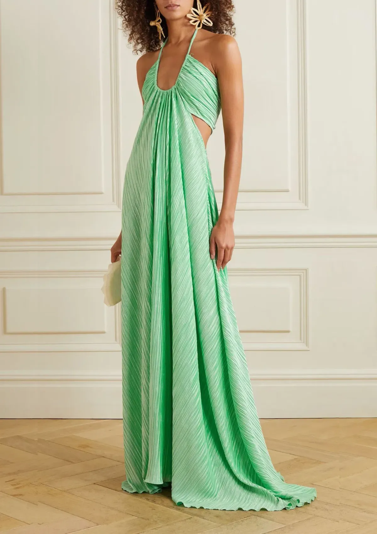 LoveShackFancy Julissa Plissé Satin Halterneck Maxi Dress In Light Emerald Size S / AU 8 - Image 1