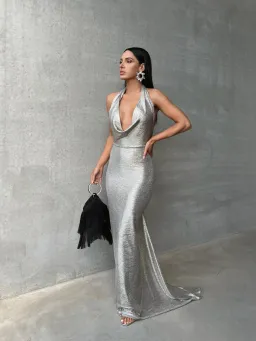 Melani The Label Maria Cowl Gown in Moonlight Silver Foil Size L / AU 12 for rent on The Volte - image 1