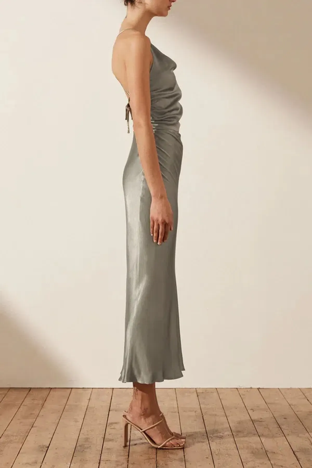 Shona Joy La Lune Asymmetrical Bias Cowl Midi Dress Sage Size 8 - Image 3