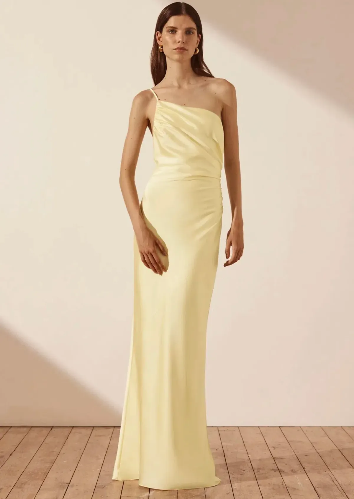 Shona Joy Luxe Asymmetrical Gathered Maxi Dress in Lemon Size 12  - Image 1