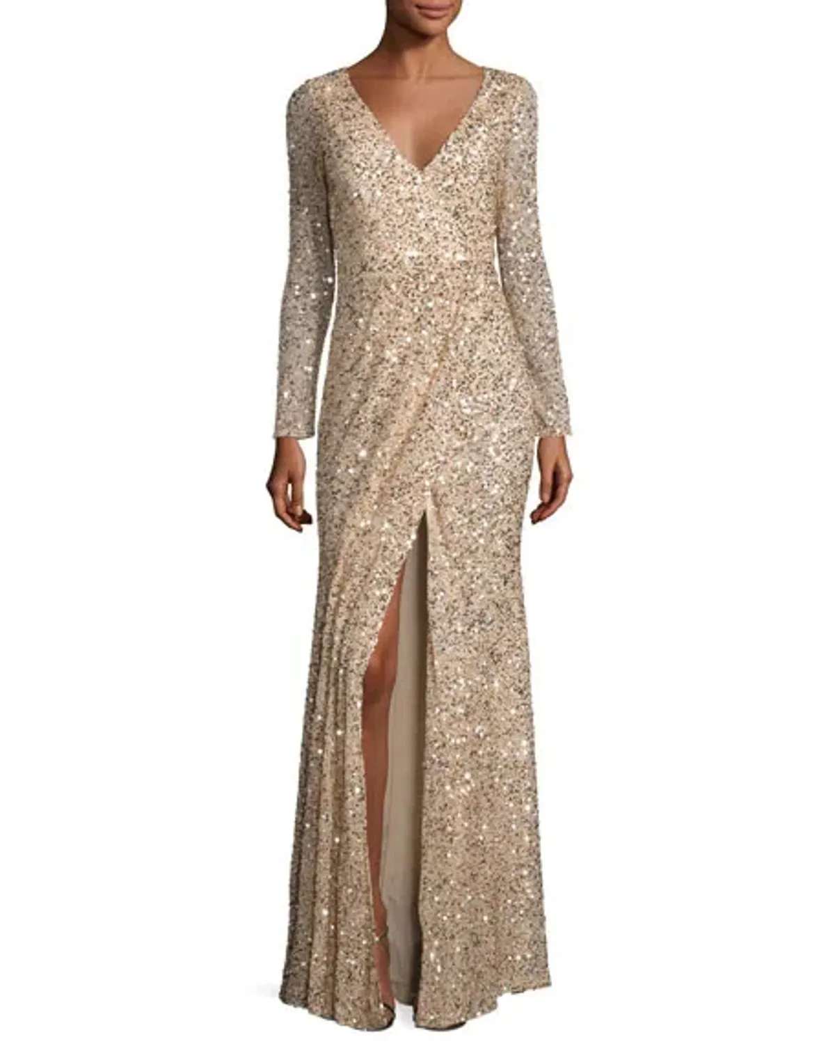 Rachel Gilbert Long Sleeve Sequined V Neck Gown Gold Size 2 - Image 1