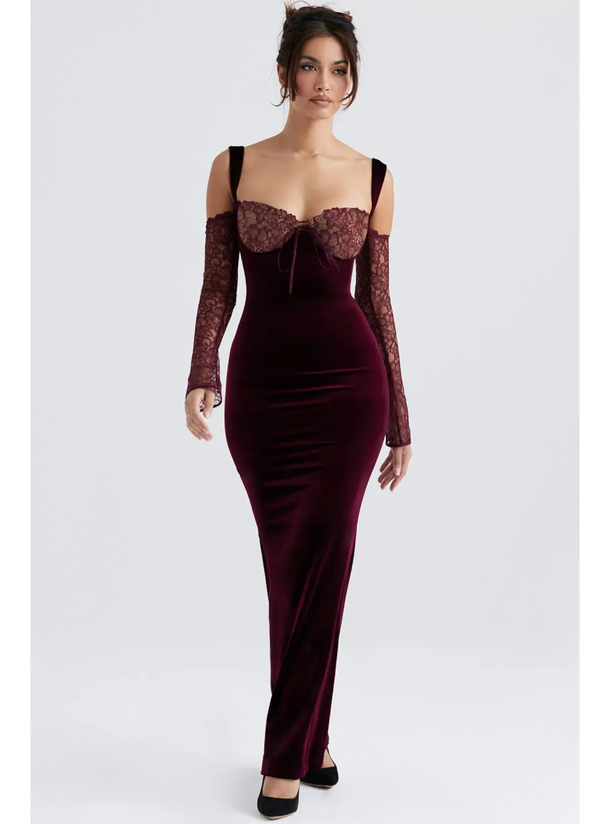 House Of CB Ivy Velvet Maxi Dress Black Cherry Size AU 6 - Image 1