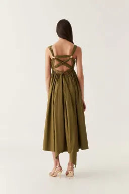 AJE Nova Tie Back Midi Dress in Deep Olive Size 8 for rent on The Volte - image 1
