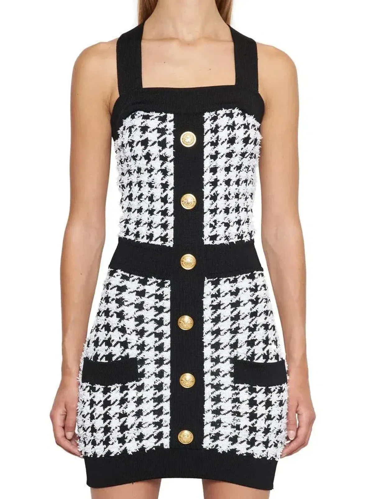 Balmain Pied De Poule Strappy Knit Mini Dress Black/White Size 8 - Image 2