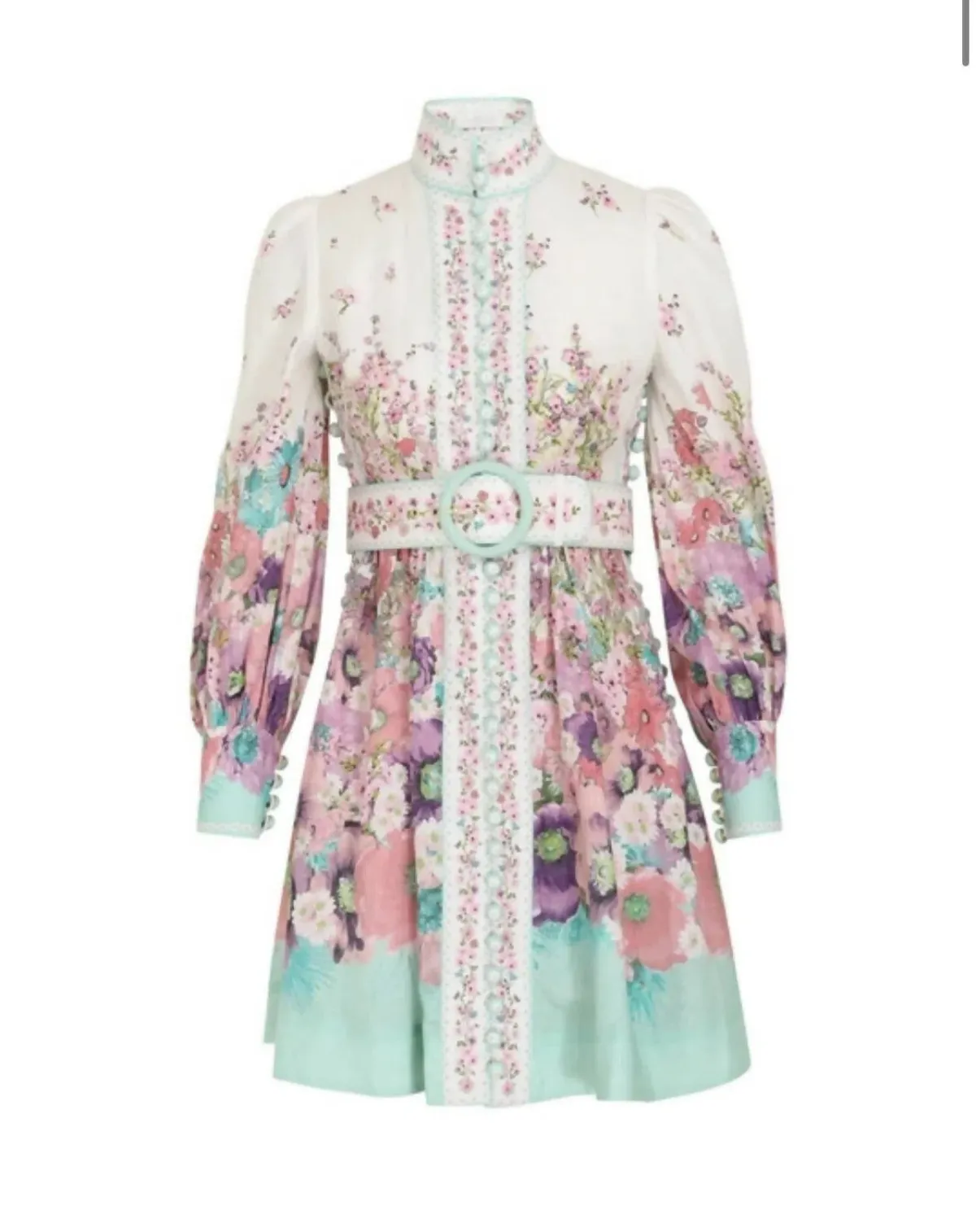 Zimmermann The Jude Buttoned Mini Dress in Aqua Gradient Flora Size 0/Au 8 - Image 7