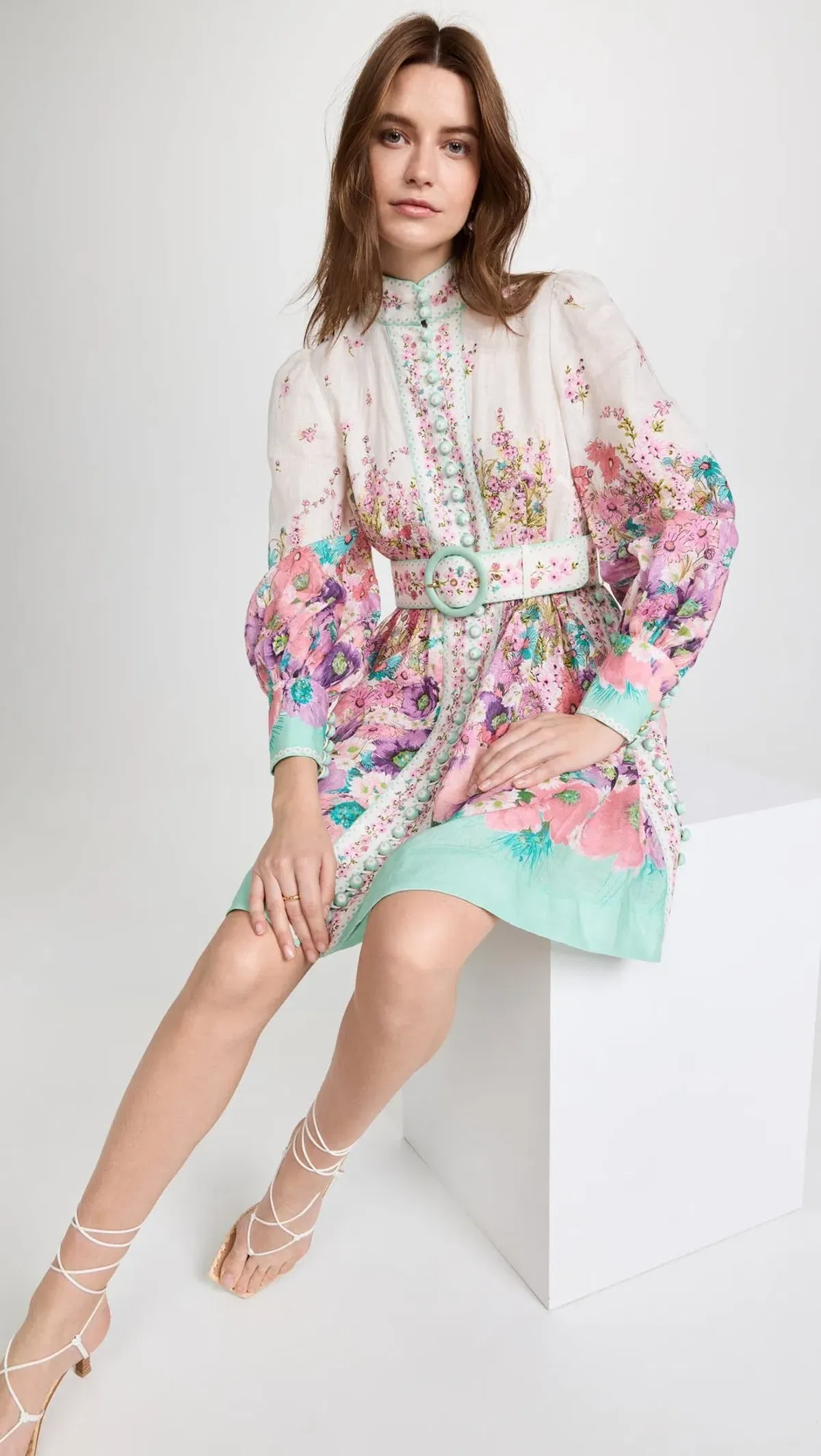 Zimmermann The Jude Buttoned Mini Dress in Aqua Gradient Flora Size 0/Au 8 - Image 3