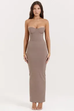 House of CB Lucia Strapless Corset Maxi Dress Taupe Size S for rent on The Volte - image 1