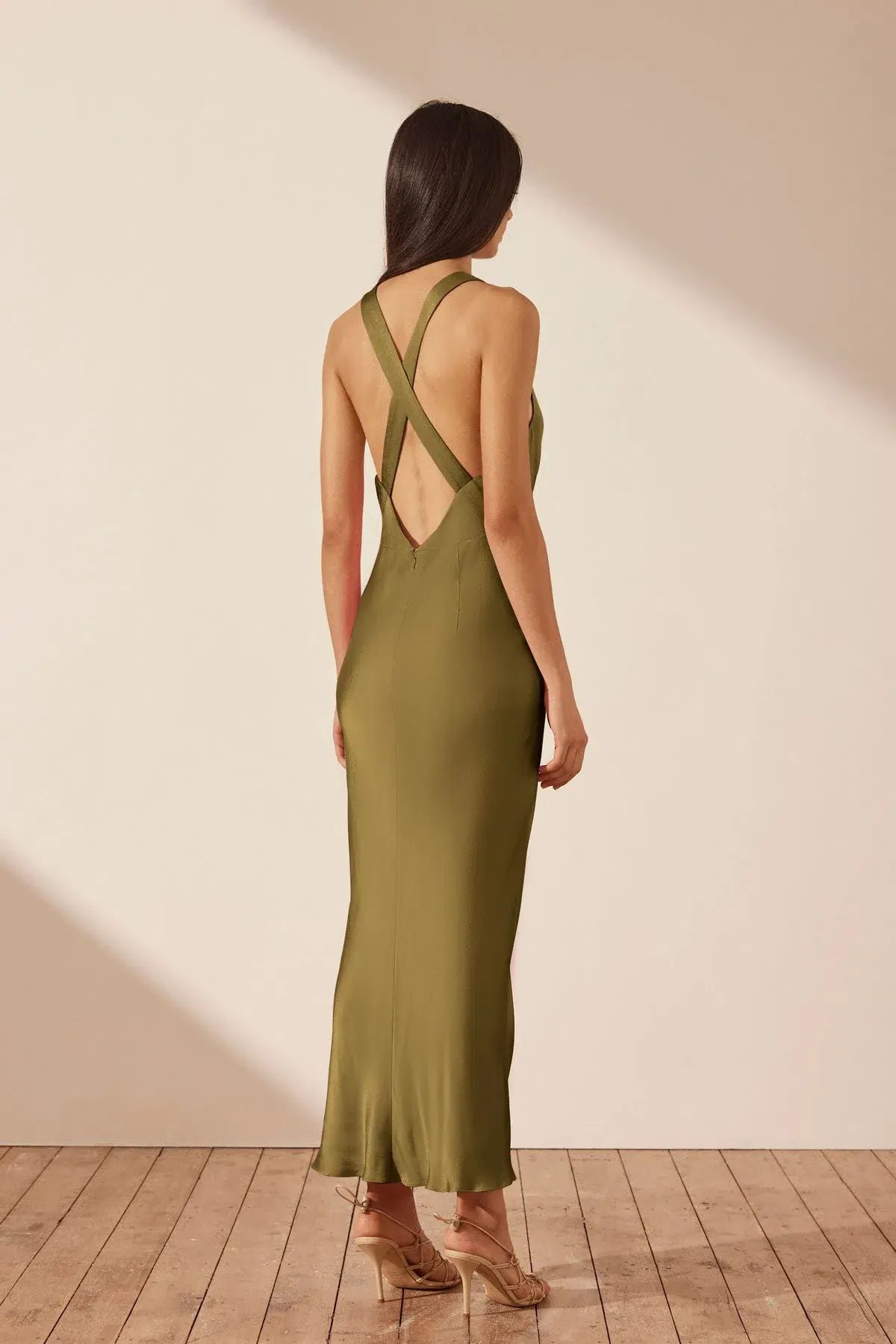 Shona Joy Arienzo Plunged Cross Back Midi Dress Green Olive Size 10 - Image 2