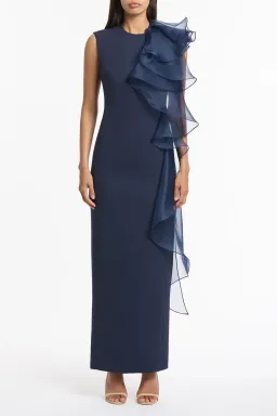 Carla Zampatti Crepe Ruffle Shoulder Gown Navy Size 6 for rent on The Volte - image 1