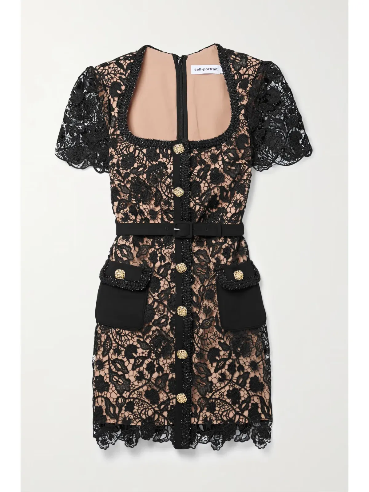 Self Portrait Embellished Belted Guipure Lace Mini Dress Black Size 6 - Image 4