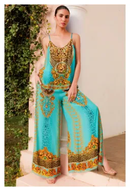 Czarina Aqua Leopardess Cami Top & Palazzo Pants with Side Slit Set Blue & Animal Print Size L/ AU12 for rent on The Volte - image 1