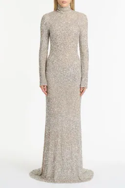Carla Zampatti Ivory Crushed Sequin Sleeved Gown Silver Size 4 for rent on The Volte - image 1