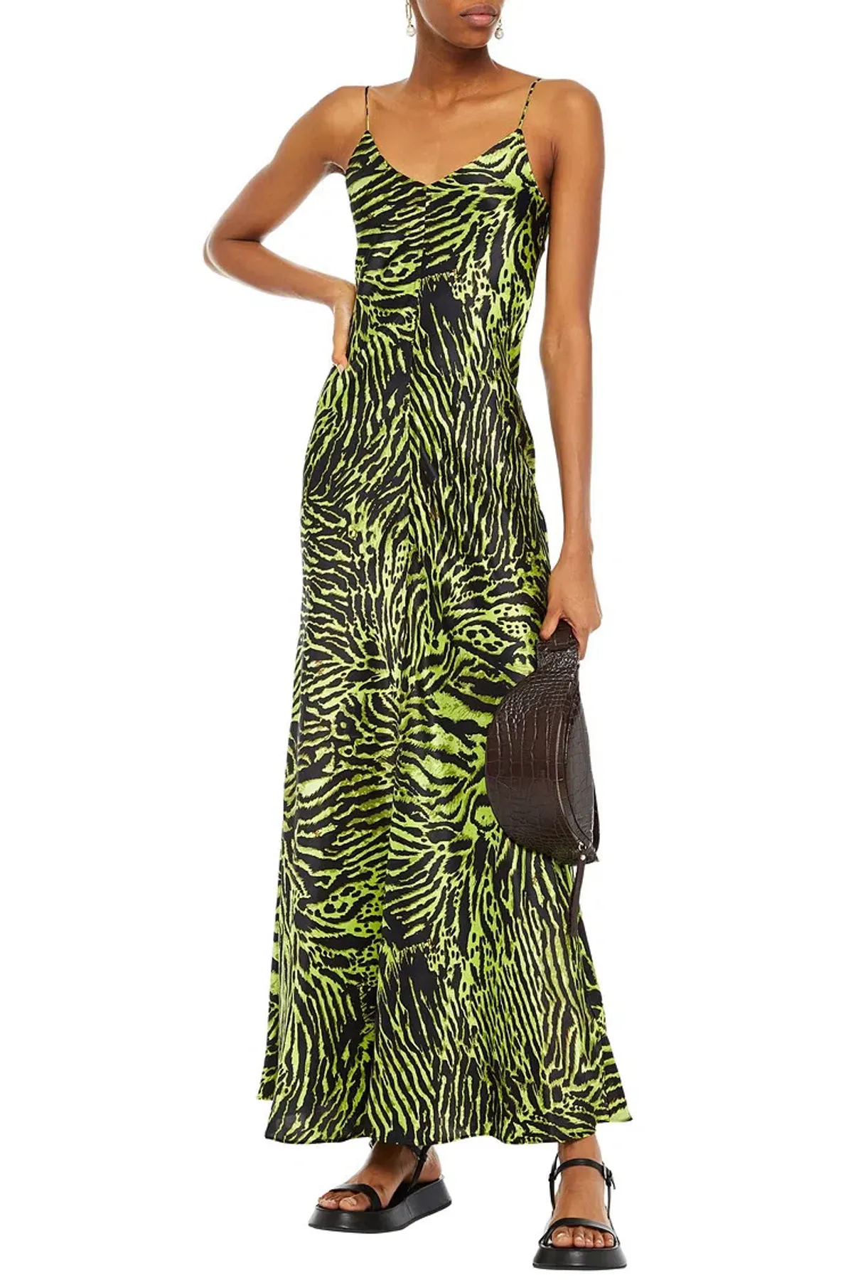 Ganni Silk Blend Satin Maxi Dress in Green Tiger Print Size M / AU 10 - Image 1
