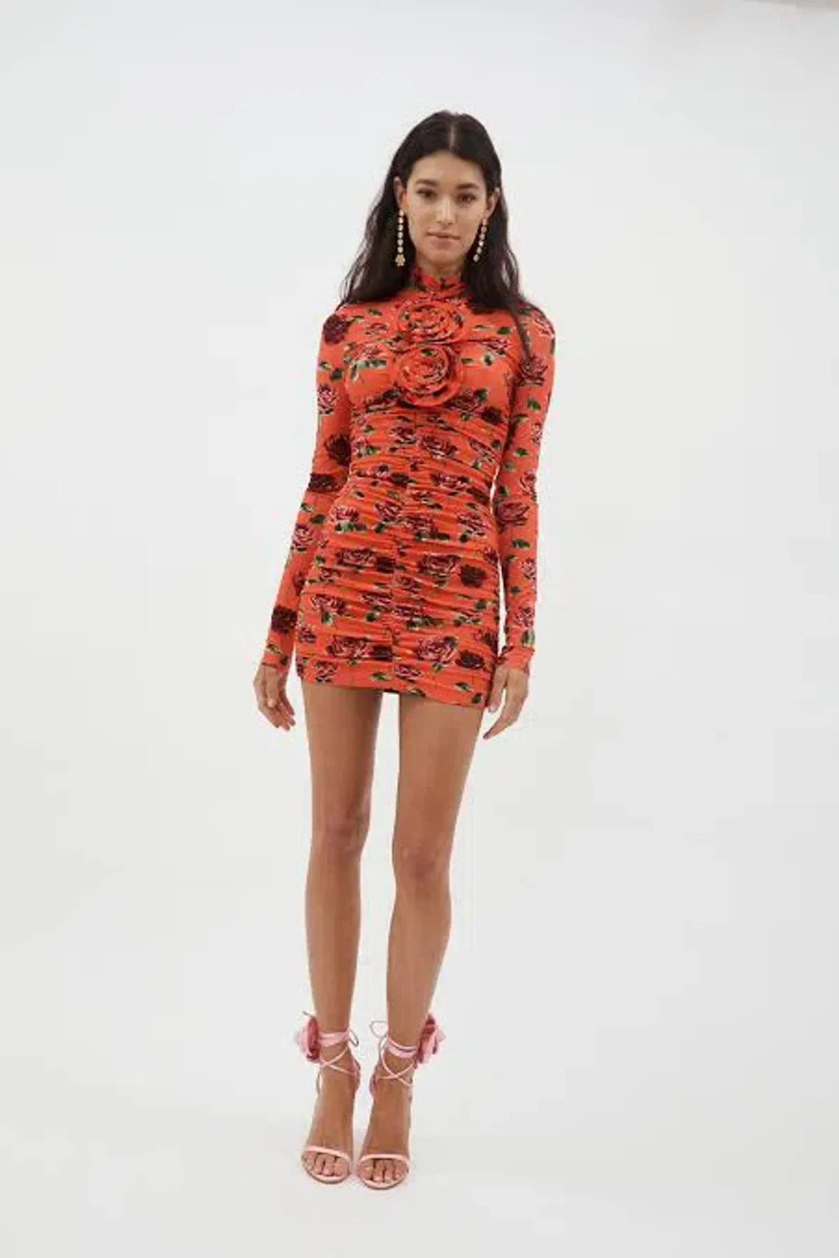 Magda Butrym High Neck Long Sleeve Ruched Mini Dress Red Orange Floral Size FR 36 / AU 8 - Image 3
