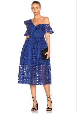 Self Portrait Guipure One Shoulder Lace Dress Cobalt Blue Size 8 for rent on The Volte - image 1