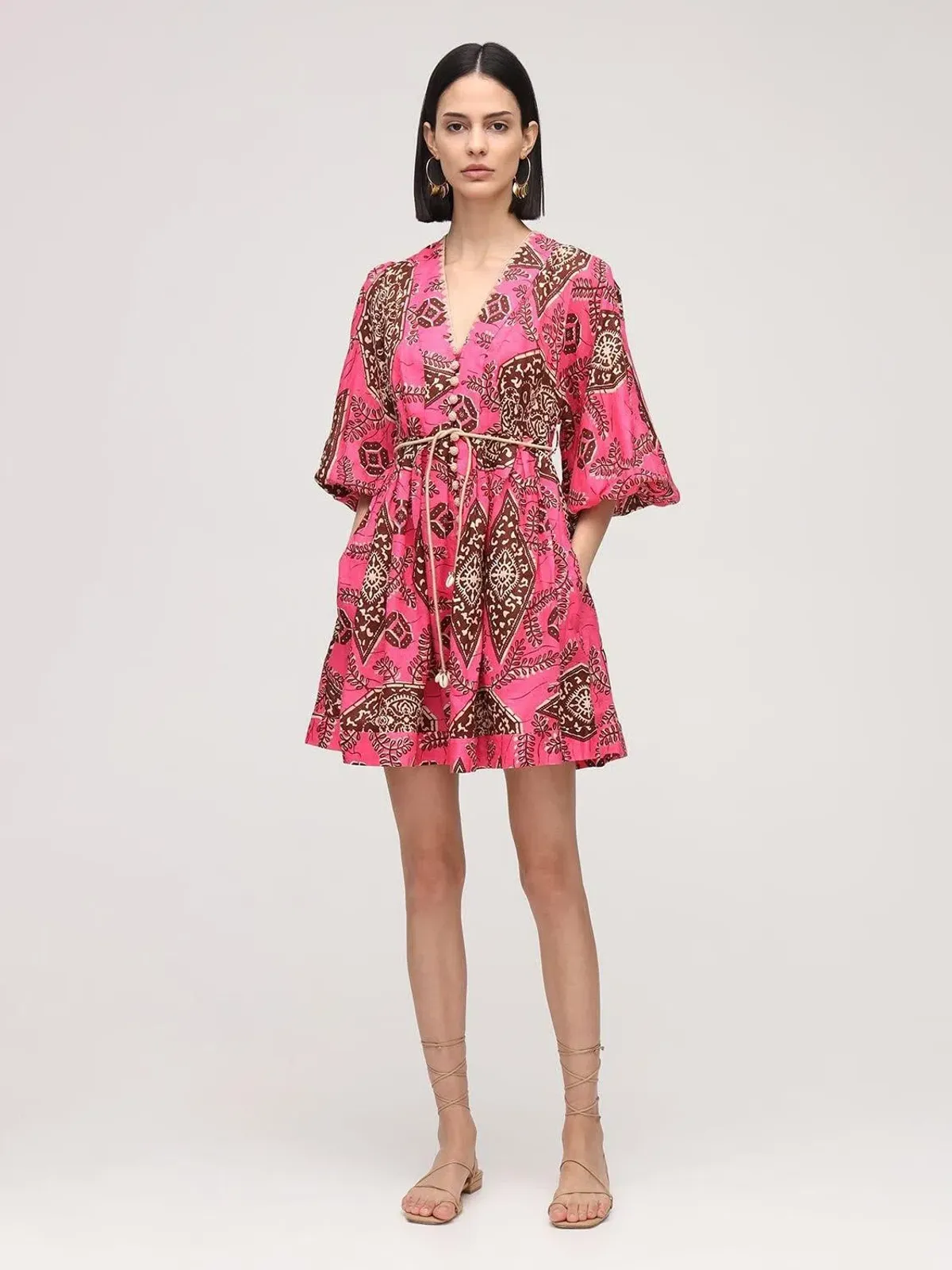 Zimmermann Lulu Plunge Printed Mini Dress in Pink Size 0P/ AU 6 - Image 1