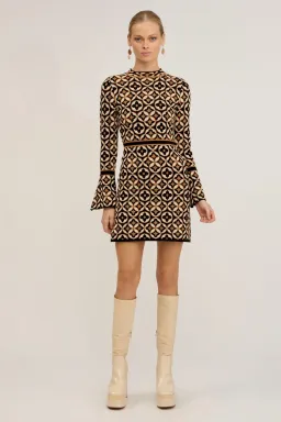 Nine Lives Bazaar Mitzy Knit Dress Deco Mini Gold & Black Size M/L / AU 14 for rent on The Volte - image 1