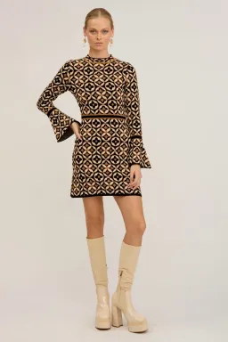 Nine Lives Bazaar Mitzy Knit Dress Deco Mini Gold & Black Size 16 for rent on The Volte - image 1