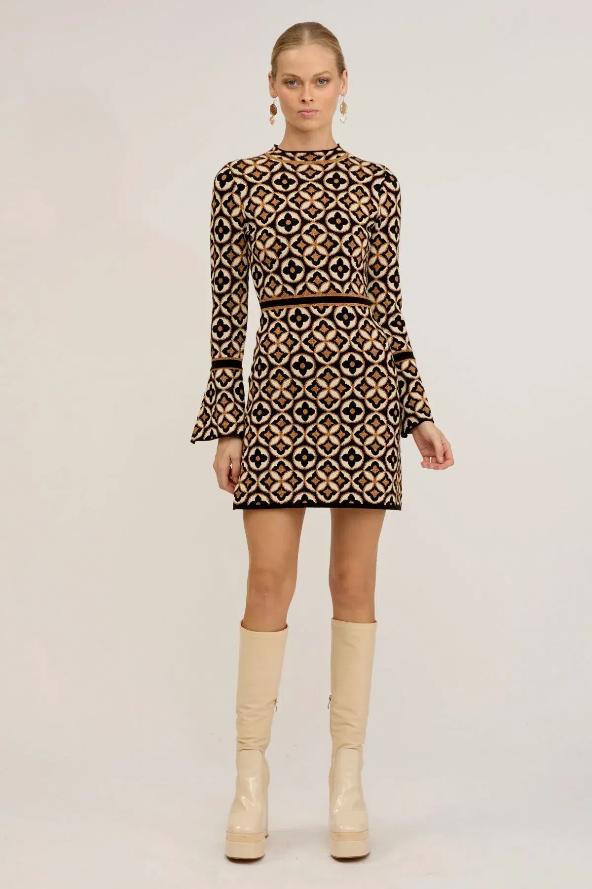 Nine Lives Bazaar Mitzy Knit Dress Deco Mini Gold & Black Size L/XL  / AU 18 - Image 1