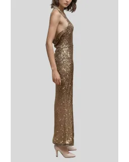 Love Nookie Cowl Back Halter Neck Dress in Gold Sequin Size AU 10 for rent on The Volte - image 2
