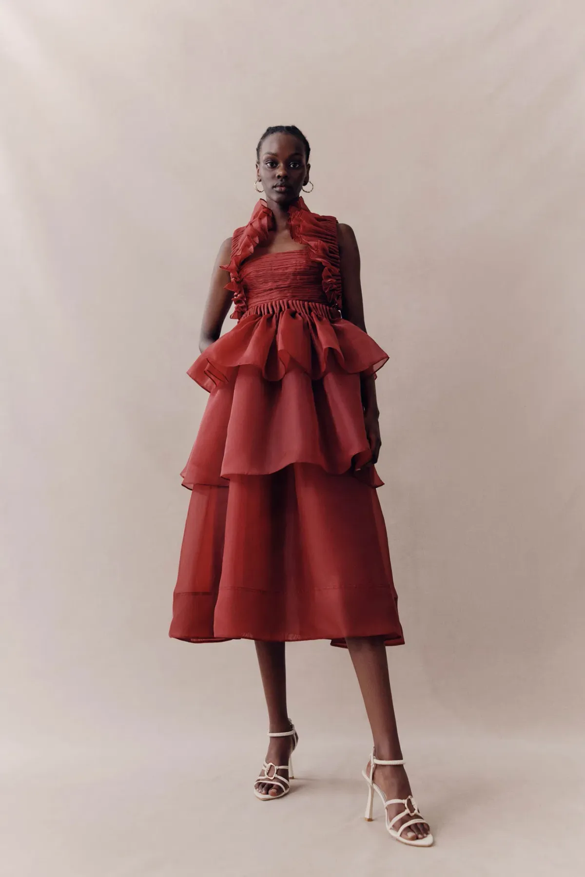 Aje Asra Pleated Frill Midi Dress Mahogany Size 14 - Image 1