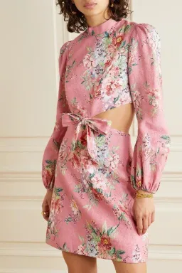 Zimmermann Bellitude Cutout Bow Front Floral Linen Mini Dress Pink Size 0 / 8 AU  for rent on The Volte - image 2
