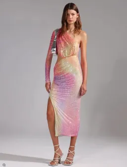 Self Portrait Printed Mesh Rhinestone Cutout Midi Dress Multi Size 8 for rent on The Volte - image 1