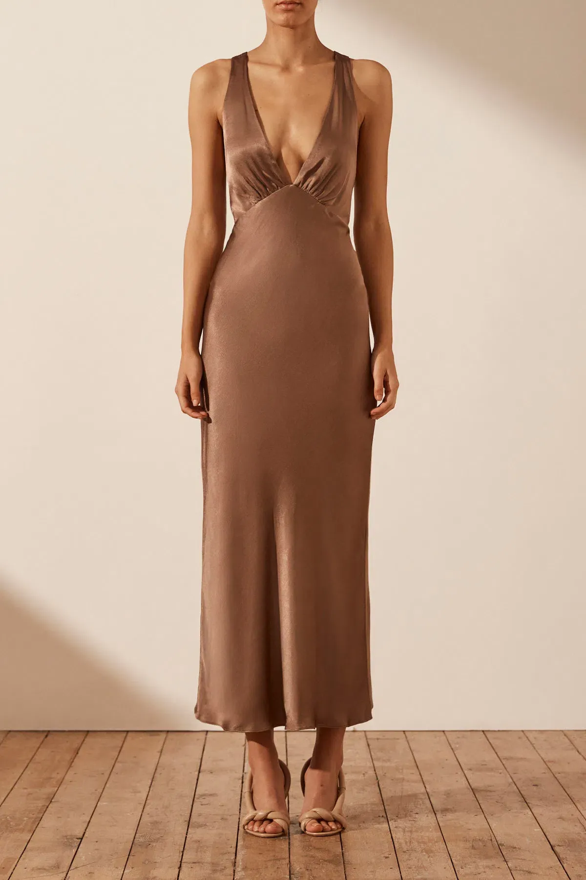 Shona Joy Milo Plunged Cross Back Midi Dress Cacao Size 6 - Image 1