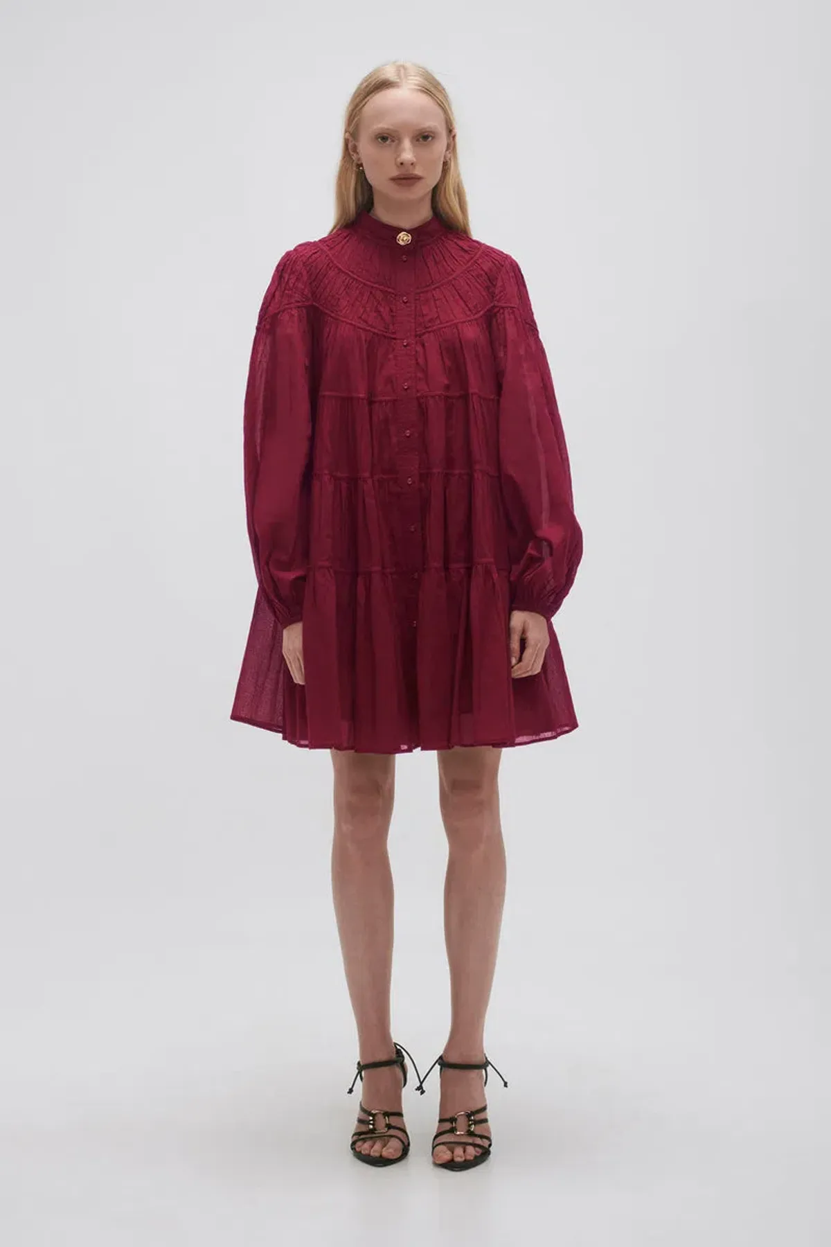 Aje Erika Ruched Tiered Mini Dress Mahogony Red Size 10 - Image 1