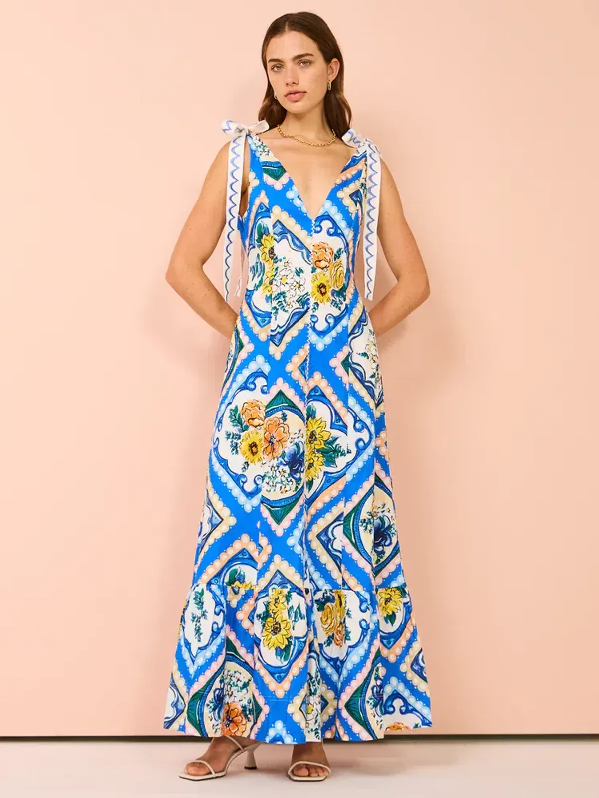 By Nicola Adoncia Tie Shoulder Maxi Dress Azure Blue Floral Size 8 - Image 1